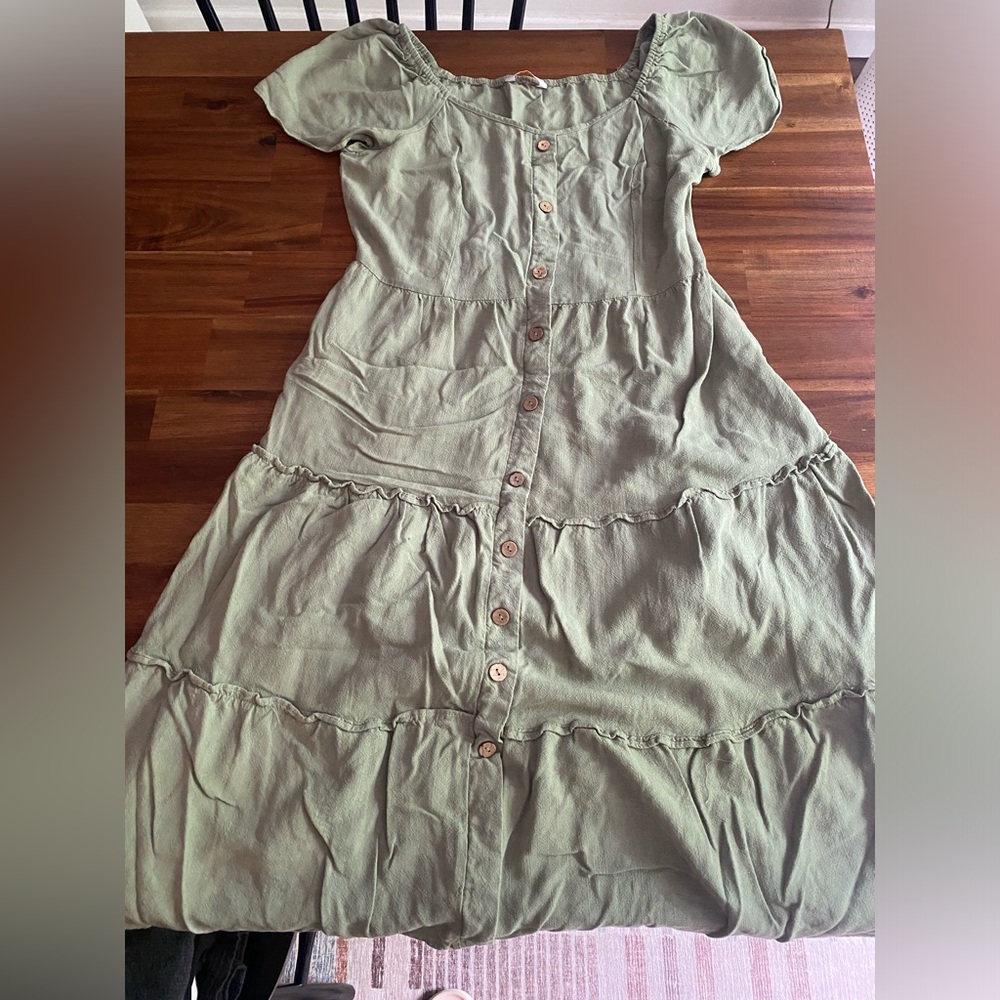 Light green button down puff sleeve tiered midi dress